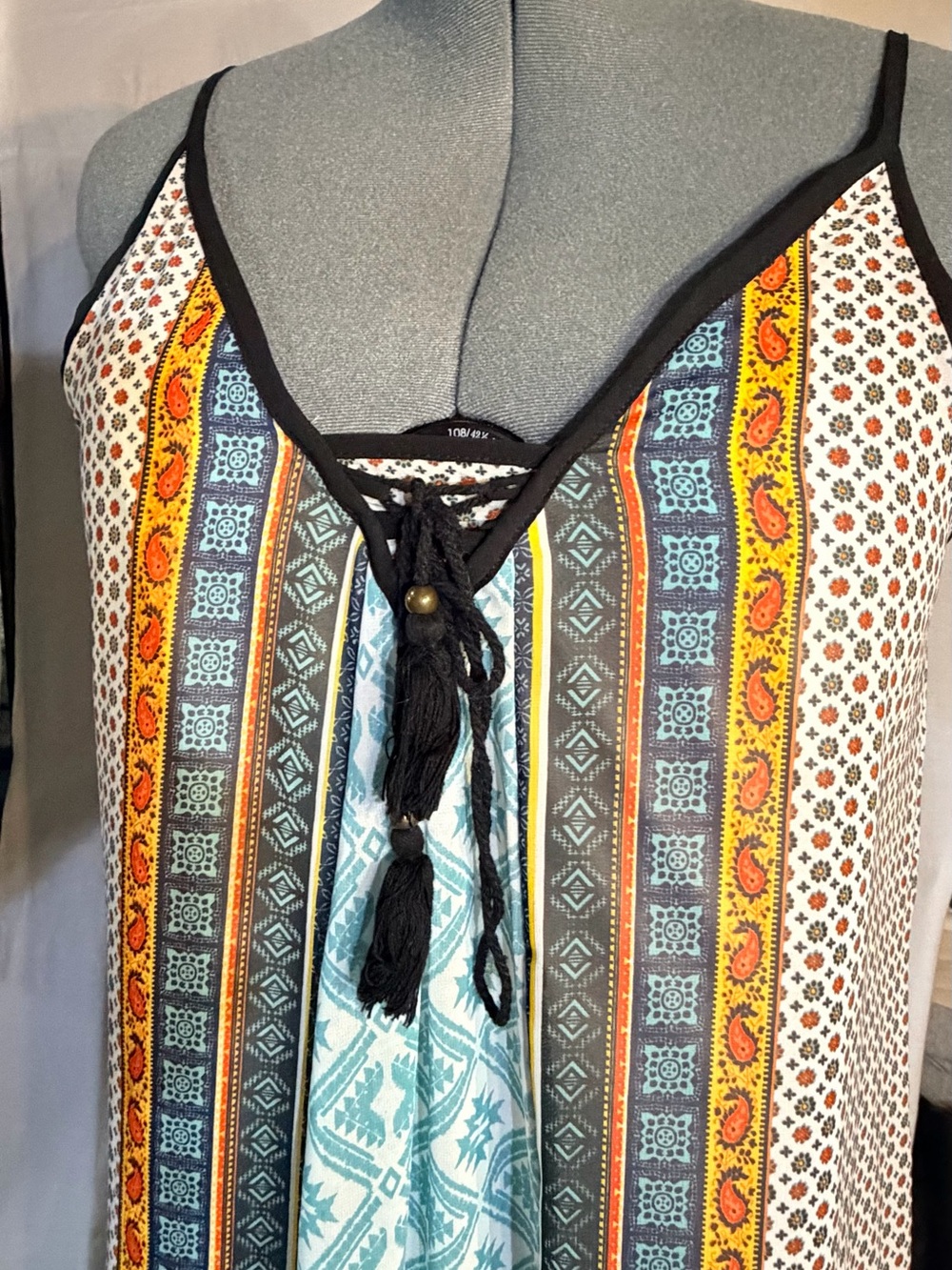 Bohemian Maxi Dress with Tassel Tie - Teal, Black & Orange